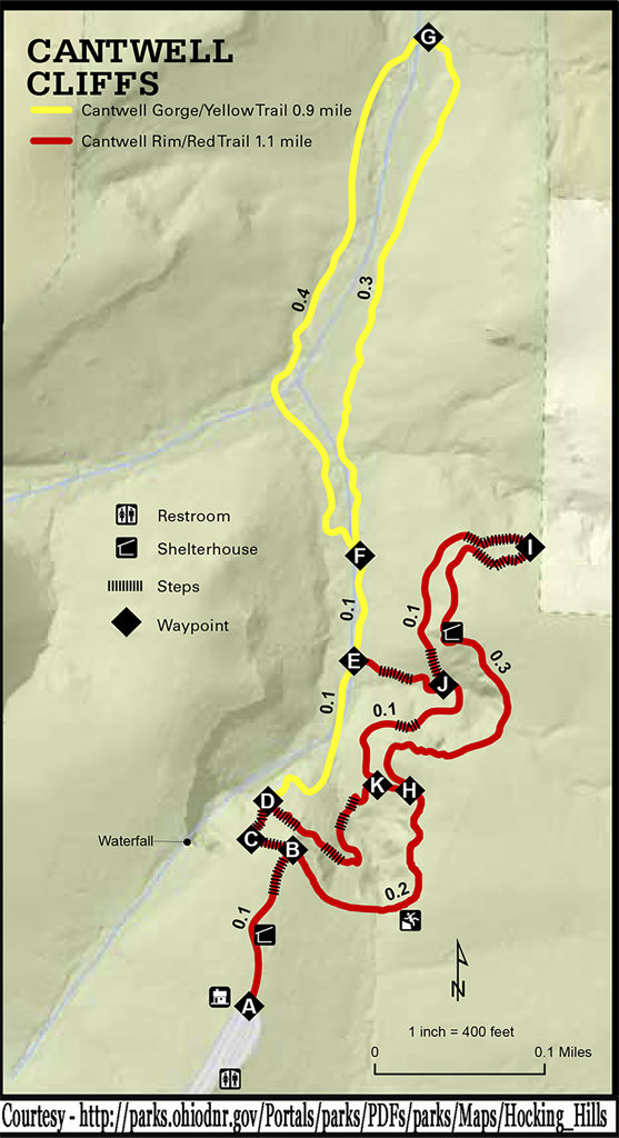 Ohio Department of Natural Resources provided map showing terrain and hiking information for Cantwell Cliffs Park.