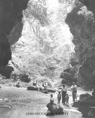 Black & White image from 1939 of visitors to Conkle's Hollow. Photo courtesy of Ohio Historical Society.