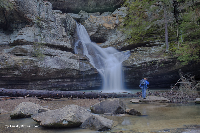 Cedar Falls in early morning with Dusty photographing it from a tripod. Photo by Val Scott