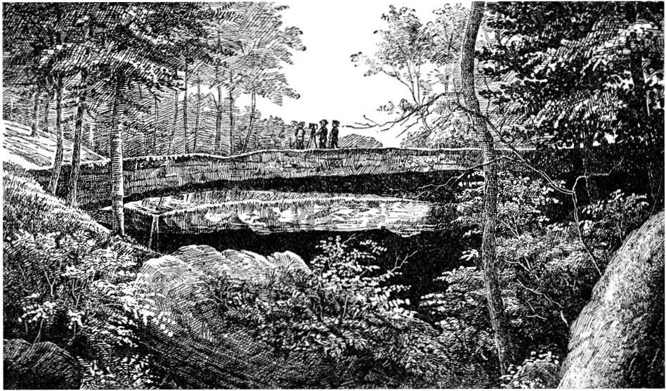 A pencil drawing rendition of the Rock Bridge in 1889 by Howe in 1907.