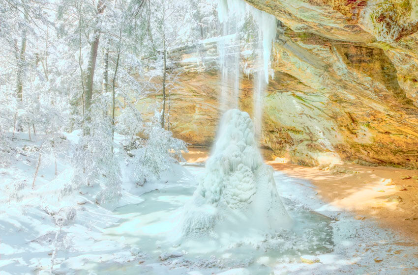 A large Crystal Ice Cone rises in the cold of Winter