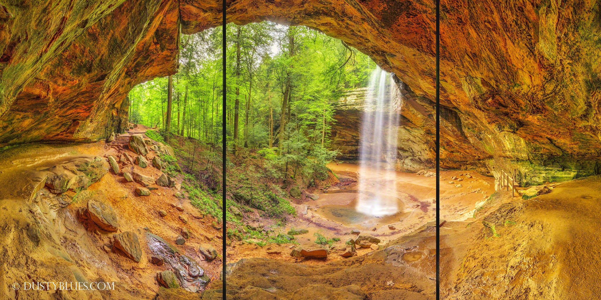 This panoramic view of Ash Cave & Falls during a late Spring rain storm just passing as the rising sun was straining to shine...