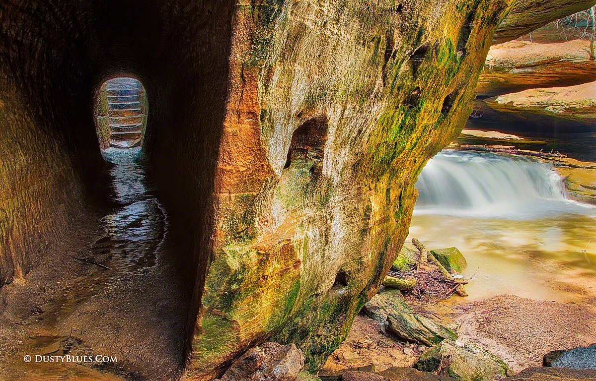 Double Vision: Falls and Tunnel Old Man's Cave Gorge - An eclectic view in the gorge. The tunnel was carved out 80 years ago...