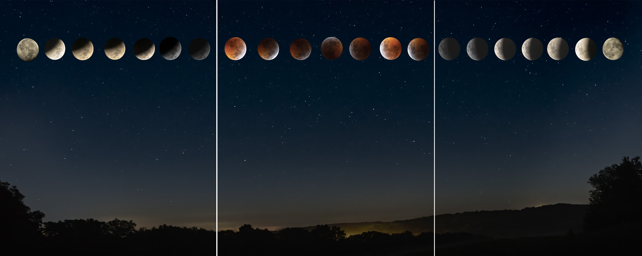 The entire sequence of the Full Blood Moon passing into a Total Eclipse and back out again across the night sky. The three panel...