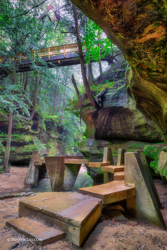 A unique look at the special attention that is developed in the Old Man's Cave gorge. The lower bridge replaced a wooden one...